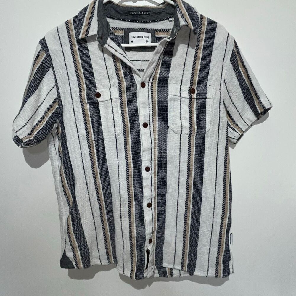 Sovereign Code Mens Multicolor Grover Stripe Short Sleeve Button Up Shirt Medium